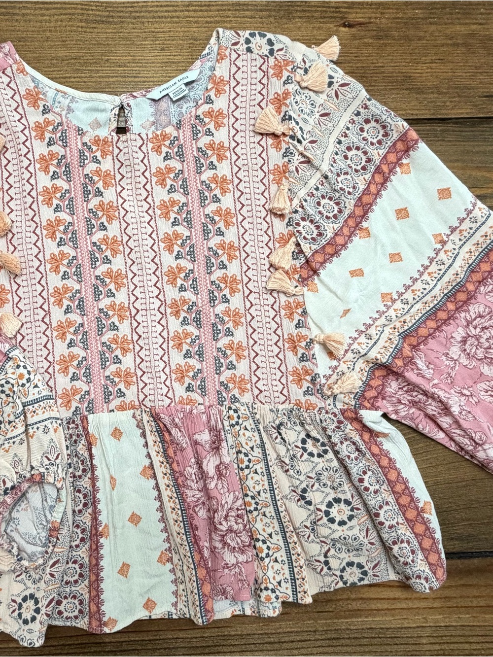 American Eagle Outfitters Pink and Cream Boho Tassel Peplum Blouse